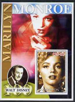 Uzbekistan 2002 Marilyn Monroe & Walt Disney Centenary #06 perf m/sheet unmounted mint, stamps on films, stamps on cinema, stamps on entertainments, stamps on music, stamps on personalities, stamps on marilyn monroe, stamps on disney
