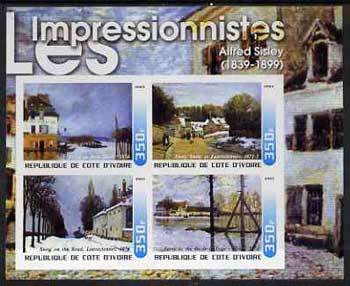 Ivory Coast 2003 Art of the Impressionists - Paintings by Alfred Sisley imperf sheetlet containing 4 values unmounted mint, stamps on arts, stamps on weather