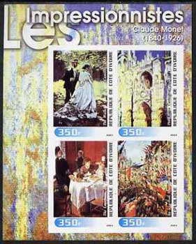Ivory Coast 2003 Art of the Impressionists - Paintings by Claude Monet imperf sheetlet containing 4 values unmounted mint, stamps on arts, stamps on monet, stamps on cathedrals