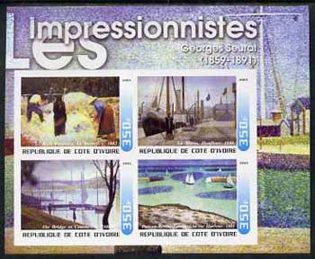 Ivory Coast 2003 Art of the Impressionists - Paintings by Georges Seurat imperf sheetlet containing 4 values unmounted mint, stamps on arts