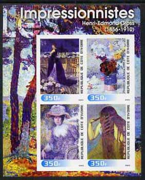 Ivory Coast 2003 Art of the Impressionists - Paintings by Henri-Edmond Cross imperf sheetlet containing 4 values unmounted mint, stamps on arts, stamps on 
