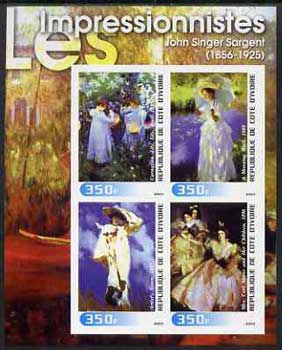 Ivory Coast 2003 Art of the Impressionists - Paintings by John Singer Sargent imperf sheetlet containing 4 values unmounted mint, stamps on arts, stamps on weather