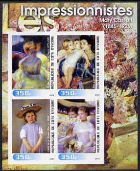 Ivory Coast 2003 Art of the Impressionists - Paintings by Mary Cassatt imperf sheetlet containing 4 values unmounted mint, stamps on arts, stamps on theatre
