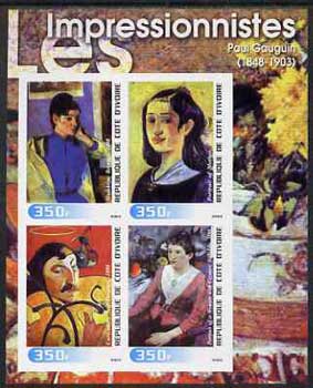 Ivory Coast 2003 Art of the Impressionists - Paintings by Paul Gauguin imperf sheetlet containing 4 values unmounted mint, stamps on , stamps on  stamps on arts, stamps on  stamps on 