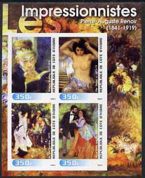 Ivory Coast 2003 Art of the Impressionists - Paintings by Pierre-Auguste Renoir imperf sheetlet containing 4 values unmounted mint, stamps on arts, stamps on renoir, stamps on 