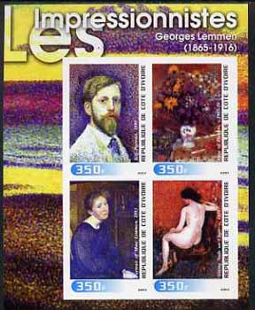 Ivory Coast 2003 Art of the Impressionists - Paintings by Georges Lemmen imperf sheetlet containing 4 values unmounted mint, stamps on arts, stamps on 