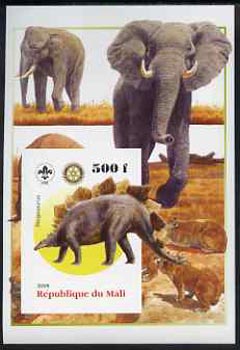 Mali 2005 Dinosaurs #01 - Stegosaurus imperf m/sheet with Scout & Rotary Logos, background shows Elephants unmounted mint, stamps on , stamps on  stamps on scouts, stamps on  stamps on rotary, stamps on  stamps on dinosaurs, stamps on  stamps on animals, stamps on  stamps on elephants