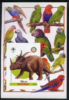 Eritrea 2005 Dinosaurs #03 - Styracosaurus imperf m/sheet with Scout & Rotary Logos, background shows various Parrots unmounted mint, stamps on scouts, stamps on rotary, stamps on dinosaurs, stamps on animals, stamps on birds, stamps on parrots