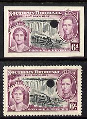 Southern Rhodesia 1937 KG6 Coronation 6d perf & imperf proof in issued colours each with security punch hole, as SG 39, stamps on railways, stamps on waterfalls, stamps on bridges, stamps on  kg6 , stamps on coronation