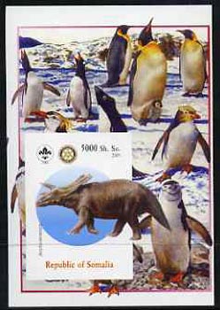 Somalia 2005 Dinosaurs #07 - Anchiceratops imperf m/sheet with Scout & Rotary Logos, background shows Penguins unmounted mint, stamps on , stamps on  stamps on scouts, stamps on  stamps on rotary, stamps on  stamps on dinosaurs, stamps on  stamps on animals, stamps on  stamps on penguins, stamps on  stamps on birds, stamps on  stamps on polar