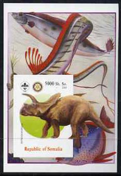 Somalia 2005 Dinosaurs #08 - Arrhinoceratops imperf m/sheet with Scout & Rotary Logos, background shows various Fish unmounted mint, stamps on scouts, stamps on rotary, stamps on dinosaurs, stamps on animals, stamps on fish