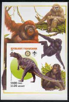 Madagascar 2005 Dinosaurs #03 - Ceratosaurus imperf m/sheet with Scout & Rotary Logos, background shows various Apes unmounted mint, stamps on scouts, stamps on rotary, stamps on dinosaurs, stamps on animals, stamps on apes