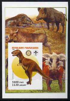 Madagascar 2005 Dinosaurs #06 - Tarbosaurus imperf m/sheet with Scout & Rotary Logos, background shows various Boars unmounted mint, stamps on scouts, stamps on rotary, stamps on dinosaurs, stamps on animals, stamps on swine