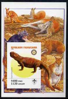 Madagascar 2005 Dinosaurs #10 - Hyperodapedon imperf m/sheet with Scout & Rotary Logos, background shows various Kangaroos unmounted mint, stamps on scouts, stamps on rotary, stamps on dinosaurs, stamps on animals, stamps on kangaroos, stamps on 