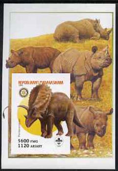Madagascar 2005 Dinosaurs #11 - Pentaceratops imperf m/sheet with Scout & Rotary Logos, background shows Rhinos unmounted mint, stamps on scouts, stamps on rotary, stamps on dinosaurs, stamps on animals, stamps on rhinos