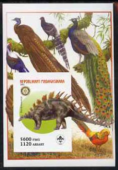 Madagascar 2005 Dinosaurs #12 - Kentrosaurus imperf m/sheet with Scout & Rotary Logos, background shows Birds of Paradise unmounted mint, stamps on scouts, stamps on rotary, stamps on dinosaurs, stamps on animals, stamps on birds, stamps on birds of paradise