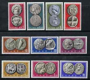 Greece 1959 Ancient Coins set of 10 complete unmounted mint SG 799-808, stamps on coins