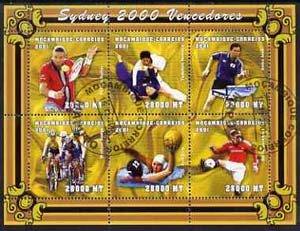 Mozambique 2001 Sydney Olympics perf sheetlet #3 containing 6 values fine cto used (Tennis, Judo, Table Tennis, Cycling, Water Polo & Football), stamps on olympics, stamps on tennis, stamps on football, stamps on bicycles, stamps on table tennis, stamps on judo, stamps on polo, stamps on sport, stamps on martial arts