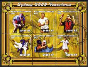 Mozambique 2001 Sydney Olympics perf sheetlet #4 containing 6 values fine cto used (Cycling, Judo, Table Tennis, Tennis, Water Polo & Football) Mi 1912-17, stamps on olympics, stamps on tennis, stamps on football, stamps on bicycles, stamps on table tennis, stamps on judo, stamps on polo, stamps on sport, stamps on martial arts