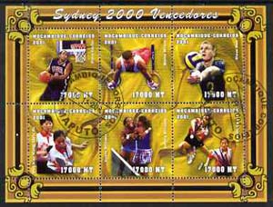 Mozambique 2001 Sydney Olympics perf sheetlet #5 containing 6 values fine cto used (Tennis, Basketball, Rings, Volleyball & Table Tennis) Mi1906-11, stamps on olympics, stamps on tennis, stamps on gymnastics, stamps on table tennis, stamps on basketball, stamps on volleyball