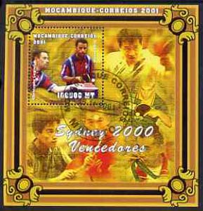 Mozambique 2001 Sydney Olympics perf s/sheet #5 showing Christophe Legout & Damien Eldi (Table Tennis) cto used, stamps on olympics, stamps on table tennis, stamps on 