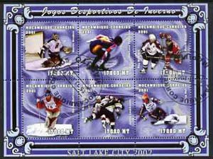 Mozambique 2001 Salt Lake Winter Olympics perf sheetlet #2 containing 6 values fine cto used Mi 1964-69, stamps on olympics, stamps on ice skating, stamps on skiing, stamps on ice hockey