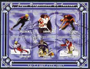 Mozambique 2001 Salt Lake Winter Olympics perf sheetlet #3 containing 6 values fine cto used, stamps on olympics, stamps on ice skating, stamps on skiing, stamps on ice hockey