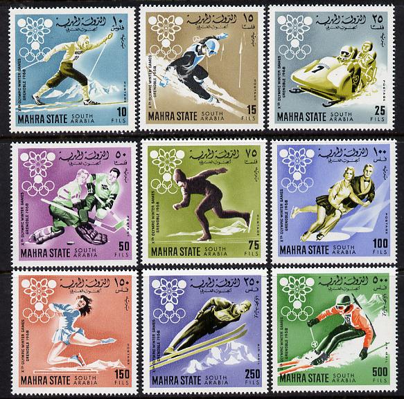 Aden - Mahra 1967 Grenoble Winter Olympics perf set of 9 unmounted mint, Mi 39-47A*, stamps on olympics   sport    skiing    skating   bobsled    ice hockey