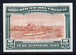 Uruguay 1909 Cruiser in Port Montevideo 5c imperf colour trial proof in red-brown & green on enamelled card, as SG 283, stamps on , stamps on  stamps on ships, stamps on  stamps on ports