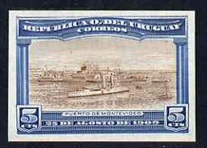 Uruguay 1909 Cruiser in Port Montevideo 5c imperf colour trial proof in yellow-brown & blue on enamelled card, as SG 283, stamps on ships, stamps on ports