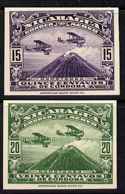 Nicaragua 1929 Air 15c & 20c (DH-4 Aircraft over Mt Momotombo) IMPERF proofs on card (ex ABN Co archives) only one sheet of each exist (SG 629-30), stamps on , stamps on  stamps on aviation     mountains    dh     volcanoes