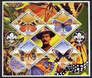 Haiti 2005 Butterflies perf sheetlet containing 4 diamond shaped values plus label showing Baden Powell, unmounted mint, stamps on butterflies, stamps on scouts
