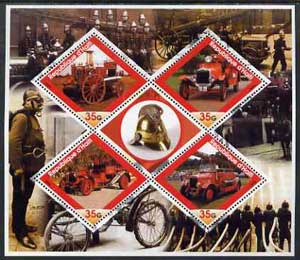Haiti 2005 Early Fire Engines perf sheetlet containing 4 diamond shaped values plus label, unmounted mint, stamps on fire