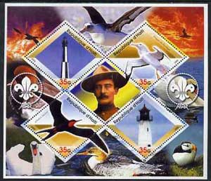 Haiti 2005 Sea Birds & Lighthouses perf sheetlet containing 4 diamond shaped values plus label showing Baden Powell, unmounted mint, stamps on birds, stamps on lighthouses, stamps on puffin, stamps on scouts