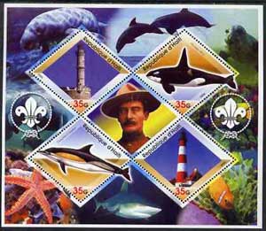 Haiti 2005 Dolphins, Marine Life & Lighthouses perf sheetlet containing 4 diamond shaped values plus label showing Baden Powell, unmounted mint, stamps on dolphins, stamps on whales, stamps on marine life, stamps on lighthouses, stamps on scouts
