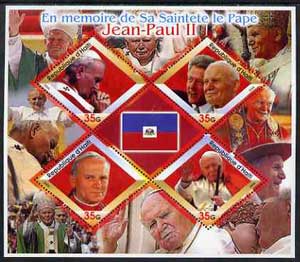 Haiti 2005 Tribute to Pope John Paul perf sheetlet containing 4 diamond shaped values plus label showing Flag of Haiti, unmounted mint, stamps on popes, stamps on flags, stamps on personalities, stamps on pope