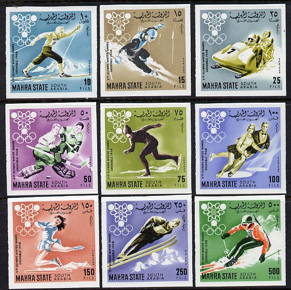 Aden - Mahra 1967 Grenoble Winter Olympics imperf set of 9 unmounted mint, Mi 39-47B*, stamps on olympics   sport    skiing    skating   bobsled    ice hockey