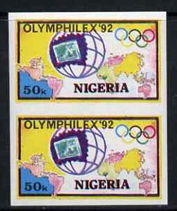 Nigeria 1992 'Olymphilex 92' Olympic Stamp Exhibition 50k imperf pair unmounted mint, SG 630var, stamps on stamp exhibitions, stamps on olympics, stamps on stamp on stamp, stamps on stamponstamp