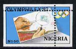 Nigeria 1992 Olymphilex 92 Olympic Stamp Exhibition 1n50 with vert & horiz perfs misplaced, divided along margins so stamps are quartered unmounted mint SG 631var, stamps on stamp exhibitions, stamps on olympics, stamps on stamp on stamp, stamps on stamponstamp