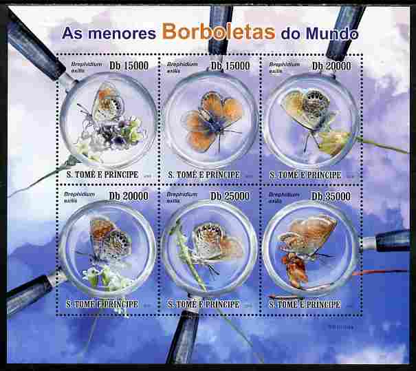 St Thomas & Prince Islands 2010 Smallest Butterflies perf sheetlet containing 6 values unmounted mint , stamps on butterflies