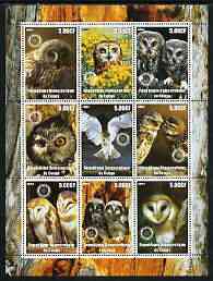 Congo 2003 Owls perf sheetlet containing 9 values each with Rotary Logo unmounted mint, stamps on birds, stamps on birds of prey, stamps on rotary, stamps on owls, stamps on 
