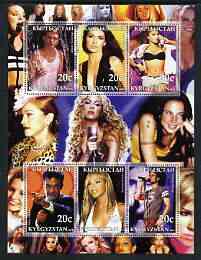 Kyrgyzstan 2003 Pop Stars #1 perf sheetlet containing 6 values unmounted mint (Justine Timberlake, Shania Twain, Britney Spears, Robbie Williams, Beyonce & Enrique Iglessias), stamps on , stamps on  stamps on personalities, stamps on  stamps on entertainments, stamps on  stamps on music, stamps on  stamps on pops