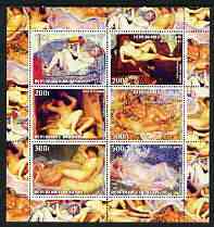 Benin 2003 Nudes in Art #08 perf sheetlet containing 6 values unmounted mint (works by Valadon x 2, Wiertz, Renoir & Frieseke x 2), stamps on arts, stamps on nudes
