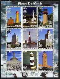 Benin 2003 Lighthouses of Europe perf sheetlet containing 9 values each with Rotary Logo unmounted mint, stamps on lighthouses, stamps on rotary