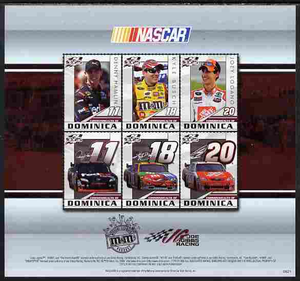 Dominica 2009 NASCAR perf sheetlet containing 6 values unmounted mint, stamps on sport, stamps on cars, stamps on racing cars, stamps on  f1 , stamps on formula 1, stamps on 
