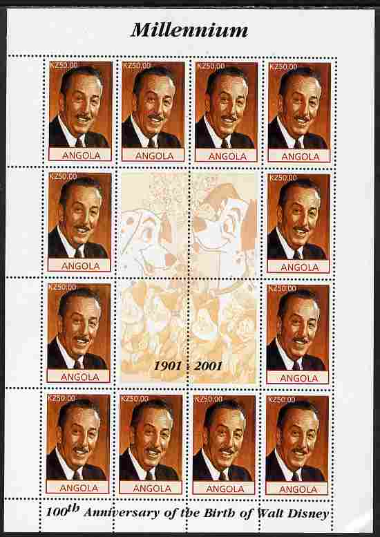 Angola 2001 Centenary of Walt Disney perf sheetlet containing 12 values plus 4 labels unmounted mint, corner wrinkled, stamps on personalities, stamps on disney, stamps on films, stamps on cinema, stamps on movies, stamps on dogs