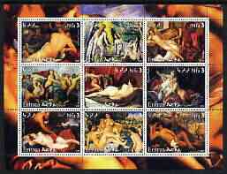Eritrea 2003 Paintings of Nudes #1 perf sheet containing 9 values, unmounted mint (showing works by Cezanne, Tintoretto, Valazquez, Sanzio, Carracci, Boucher, Van Dyke, R..., stamps on arts, stamps on nudes, stamps on renaissance