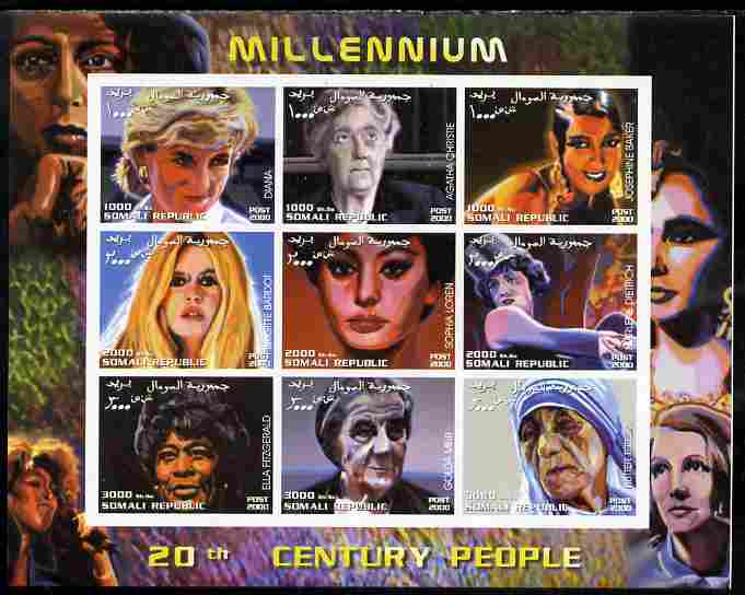 Somalia 2000 Millennium - 20th Century People #3 imperf sheetlet containing set of 9 values unmounted mint. Note this item is privately produced and is offered purely on ..., stamps on personalities, stamps on women, stamps on diana, stamps on royalty, stamps on human rights, stamps on peace, stamps on nobel, stamps on teresa, stamps on films, stamps on movies, stamps on cinema, stamps on music, stamps on jazz, stamps on judaica, stamps on judaism, stamps on 