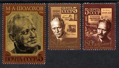 Russia 1985 Mikhail Aleksandrovich (Writer) set of 3 unmounted mint, SG 5558-60, stamps on literature, stamps on books