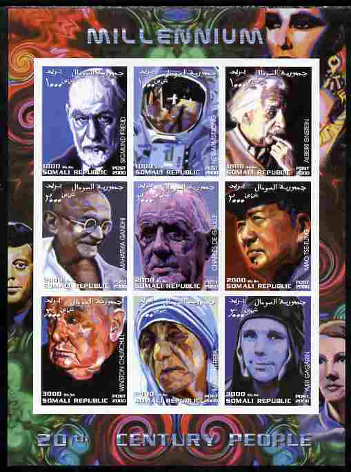 Somalia 2000 Millennium - 20th Century People #1 imperf sheetlet containing set of 9 values unmounted mint. Note this item is privately produced and is offered purely on ..., stamps on personalities, stamps on women, stamps on gandhi, stamps on human rights, stamps on peace, stamps on nobel, stamps on teresa, stamps on churchill, stamps on constitutions, stamps on de gaulle, stamps on millennium, stamps on  ww2 , stamps on masonry, stamps on masonics, stamps on einstein, stamps on science, stamps on physics, stamps on nobel, stamps on maths, stamps on space, stamps on judaica, stamps on atomics